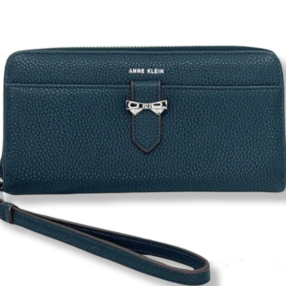 💚 Anne Klein Boxed Slim Zip Wallet With Bow Detailing And Wristlet Strap